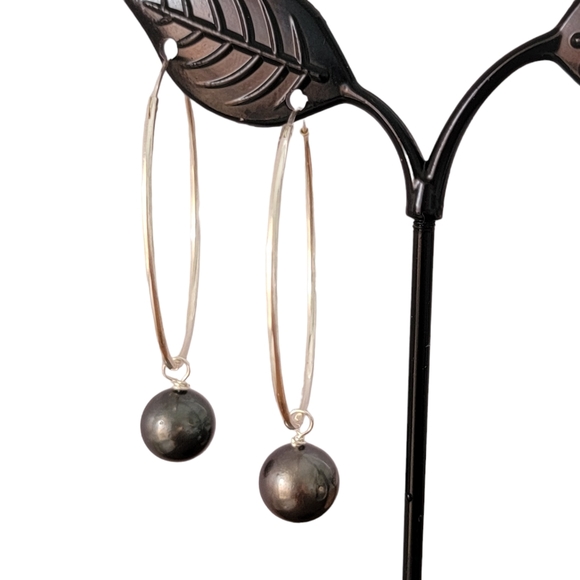 New Large Hoop Tahitian Pearl Earrings Sterling Silver - Picture 2 of 11
